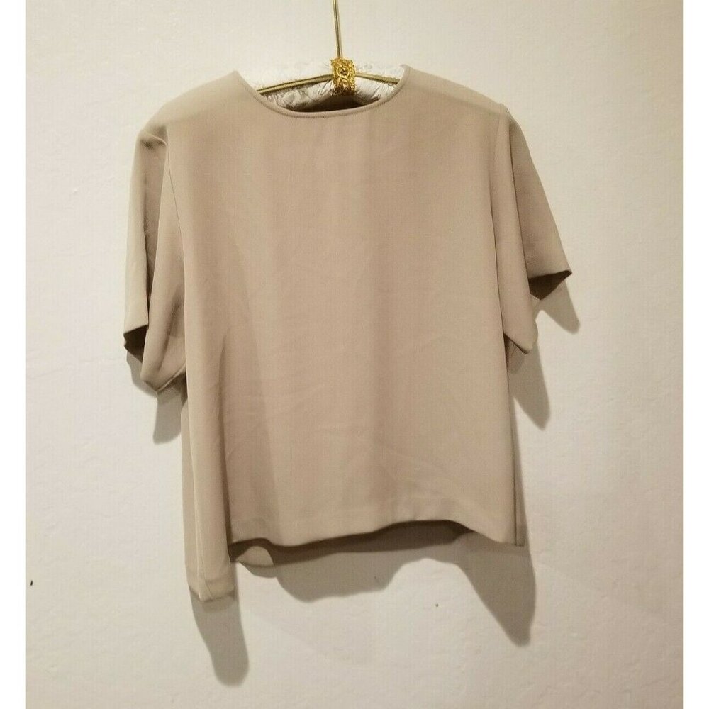 Ingenuity Women's Large Round Neck Short Sleeve Blouse Beige with Keyhole Back